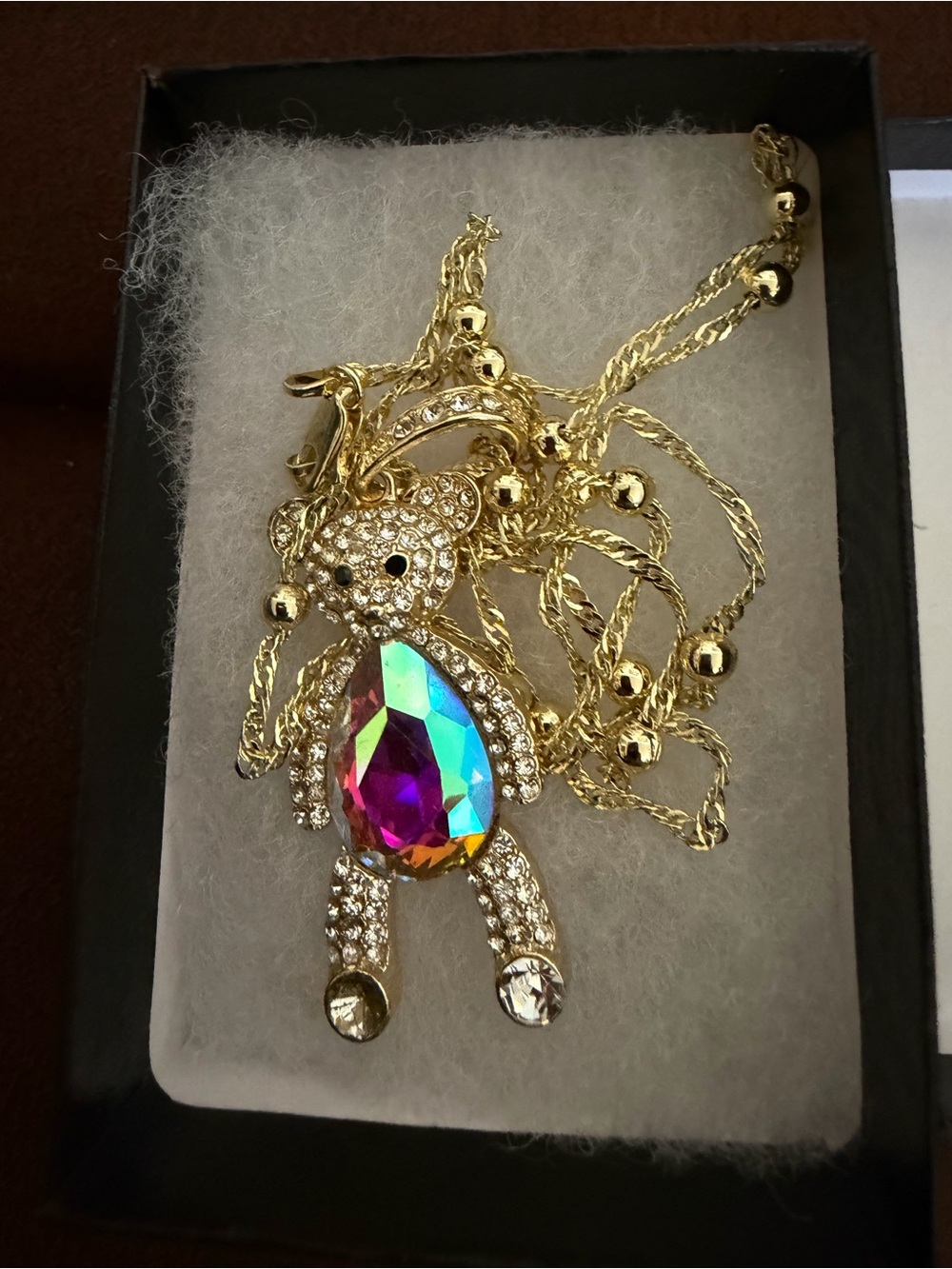 Gold plated Teddy Bear Pendant Necklace with Iridescent Crystal